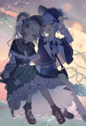  2girls asymmetrical_legwear bag bird_hat_ornament black_bag black_capelet black_flower black_pantyhose black_rose black_shoes blonde_hair blue_hair blue_necktie blue_skirt blush bobby_socks bonnet braid braided_hair_rings broom broom_riding capelet commentary_request deerstalker detective dress flower flower-trimmed_dress frilled_bonnet frilled_dress frills green_dress green_eyes hair_rings hand_on_headwear hat highres lolita_fashion looking_at_another looking_down magical_girl mahou_shoujo_no_majo_saiban maidcode1023 messenger_bag multiple_girls necktie open_mouth pantyhose plaid_clothes plaid_skirt revision rose shoes short_hair shoulder_bag single_leg_pantyhose skirt smile socks tachibana_sherry tono_hanna too_many too_many_frills twintails white_flower white_rose yellow_eyes yellow_flower yellow_rose yuri 