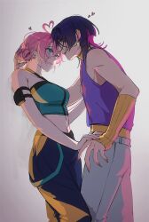  1boy 1girl against_wall ahoge alternate_costume alternate_eye_color aqua_shirt arm_at_side artist_self-insert black_hair black_pants blue_eyes blunt_ends blush bright_pupils closed_mouth collarbone contemporary couple cropped_shirt earrings eye_contact eyelashes genshin_impact gold_earrings grey_background hair_bun hair_intakes halter_shirt halterneck hand_on_another&#039;s_hand heart heart-shaped_pupils heart_ahoge height_difference hetero highres jewelry looking_at_another midriff multicolored_hair navel oc_x_canon open_mouth original pants pedometer pink_hair pink_lips purple_shirt scaramouche_(genshin_impact) shirt short_hair sleeveless sleeveless_shirt smile spiked_ear_piercing streaked_hair symbol-shaped_pupils teeth upper_teeth_only white_pants white_pupils yellow_arm_warmers yellow_eyes yoontrsh 