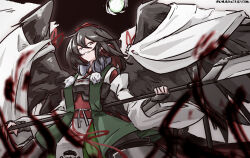  1girl absurdres bird_wings black_background black_hair black_wings cape colored_inner_hair commentary_request dated earmuffs green_kimono hair_between_eyes hat highres holding holding_weapon japanese_clothes kimono looking_at_viewer lord_tenma_(touhou) m.u.g.e.n medium_hair multicolored_hair one-hour_drawing_challenge pointy_ears pom_pom_(clothes) red_eyes red_hair red_hat sash simple_background solo tokin_hat touhou ve1024 weapon white_cape wings 