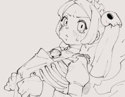  1girl apron bloody_marie_(skullgirls) brooch greyscale hair_ornament jewelry juliet_sleeves kida_eve long_hair long_sleeves maid monochrome puffy_sleeves ribs simple_background skeleton sketch skull_hair_ornament skullgirls twintails white_background zombie 