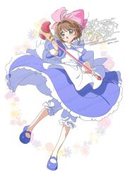  1girl antenna_hair apron bloomers blue_dress blue_shoes blush bow brown_hair cardcaptor_sakura commentary_request dress frilled_dress frills full_body fuuin_no_tsue green_eyes hair_bow hair_intakes highres holding holding_wand juliet_sleeves kinomoto_sakura kinomoto_sakura_(princess_dreams) long_sleeves open_mouth pink_bow puffy_sleeves serizawa_serizane shoes short_hair solo standing standing_on_one_leg twitter_username wand watermark white_apron white_background white_bloomers 