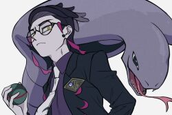  1boy adam&#039;s_apple arbok black-framed_eyewear black_coat closed_mouth coat collared_shirt corbeau_(pokemon) dusk_ball forked_tongue frown highres holding holding_poke_ball lapels long_sleeves looking_at_viewer male_focus necktie notched_lapels oka_kabe open_mouth parted_hair poke_ball pokemon pokemon_(creature) pokemon_legends:_z-a purple_shirt round_eyewear sharp_teeth shirt short_hair simple_background slit_pupils solo tassel teeth tongue tongue_out white_background white_necktie wing_collar yellow_eyes 