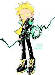  1boy 2019 absurdres amy7996659 ankle_boots arm_at_side artist_name bangs_blown_up black_boots black_gloves black_jacket black_pants black_shirt blonde_hair boots bright_pupils chinese_commentary closed_mouth colored_eyelashes commentary_request cookie_run cookie_run:_ovenbreak cube dated deformed electricity expressionless gloves hair_behind_ear headphones headphones_around_neck highres humanization jacket jitome lace-up_boots layered_sleeves lemon_cookie lemon_cookie_(unlimited_potential) long_sleeves looking_at_viewer male_focus official_alternate_costume open_clothes open_jacket pants shiny_clothes shirt short_hair simple_background solo two-sided_fabric two-sided_jacket very_short_hair white_background white_pupils yellow_eyes yellow_jacket 