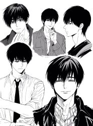  1boy character_request closed_eyes closed_mouth collared_shirt copyright_request facing_viewer fingernails highres looking_at_viewer male_focus multiple_views necktie shirt short_hair simple_background smile sso_s white_background 