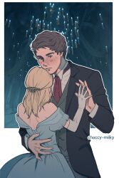  1boy 1girl artist_name bare_shoulders black_eyes black_hair black_suit blazer blonde_hair blue_dress blush breasts chandelier choccy-milky couple dancing dress elbow_gloves freckles gloves green_vest hair_ornament hand_on_another&#039;s_back hand_on_another&#039;s_hand highres hogwarts_legacy jacket long_dress medium_breasts necktie pants prom protagonist_(hogwarts_legacy) red_necktie sebastian_sallow shirt shoulder_blades simple_background suit vest white_shirt wizarding_world 
