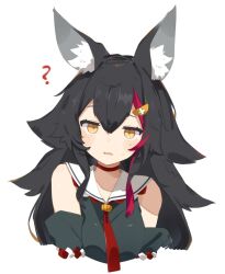  1girl ? animal_ear_fluff animal_ears bare_shoulders black_hair black_shirt black_sleeves breasts choker collarbone commentary confused crossed_bangs detached_sleeves dot_nose double-parted_bangs fang flipped_hair hair_between_eyes hair_ornament hairclip highres hololive kouhaku_nawa light_blush long_hair long_sidelocks looking_at_viewer medium_breasts multicolored_hair necktie ookami_mio ookami_mio_(1st_costume) open_mouth raised_eyebrow red_choker red_hair red_necktie red_trim rope sailor_collar shimenawa shirt sidelocks simple_background skin_fang sleeveless sleeveless_shirt solo spiky_hair streaked_hair sweatdrop tntl_nemui two-tone_hair upper_body very_long_hair virtual_youtuber white_background white_sailor_collar wolf_ears wolf_girl yellow_eyes 