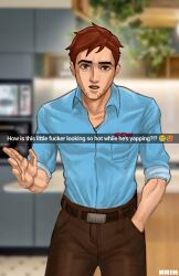  beard belt blue_shirt brown_eyes brown_hair brown_pants dispatch emoji english_text facial_hair hand_in_pocket highres invisigal kitchen pants photo_background raijin_(raijin_san3) robert_robertson shirt snapchat 