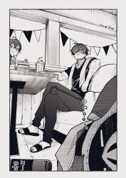  03_kyv 1boy 1girl 1other bangboo_(zenless_zone_zero) belle_(zenless_zone_zero) black_shirt black_slippers blush burger closed_mouth commentary couch crossed_legs cup drinking_glass drinking_straw drunk earrings eating faceted_glass feet food french_fries greyscale hair_between_eyes hair_ornament hair_over_one_eye hand_on_table highres holding holding_food indoors jewelry letter_hair_ornament lighter_(zenless_zone_zero) looking_at_another lying monochrome multiple_scars on_couch on_side red_moccus_(zenless_zone_zero) restaurant scar scar_on_arm shirt short_hair sitting slippers squeans sunglasses symbol-only_commentary table toes towel towel_around_neck zenless_zone_zero 