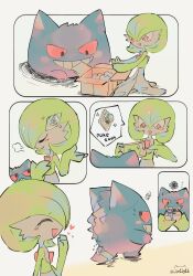  bob_cut box colored_skin dress gardevoir gengar ghost gift gift_box green_hair green_skin heart highres jari_(jje11y12) mega_stone multicolored_skin one_eye_closed open_mouth pokemon pokemon_(anime) pokemon_(creature) poketoon red_eyes signature smile sparkle sparkling_eyes two-tone_skin white_dress white_skin 