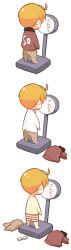  1boy america_(hetalia) axis_powers_hetalia barefoot blonde_hair brown_jacket brown_pants commentary_request dorei_k from_behind jacket long_sleeves male_focus male_underwear pants shirt standing striped_underwear topless_male underwear unworn_eyewear unworn_jacket unworn_shirt weighing_scale white_background white_shirt 