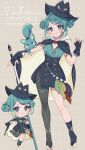  1girl absurdres asymmetrical_legwear black_cape black_gloves black_headwear black_socks blush cape double_bun dress fingerless_gloves gloves green_dress green_eyes green_hair hair_bun highres jikuno original short_hair socks tongue tongue_out uneven_legwear 