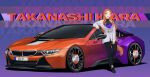  1girl ;d bag bare_shoulders belt car character_name commentary english_commentary english_text ex-trident forehead full_body handbag highres hololive hololive_english jacket long_hair motor_vehicle one_eye_closed orange_hair see-through smile solo sports_car takanashi_kiara very_long_hair violet_eyes virtual_youtuber 