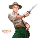  1boy belt blonde_hair blue_eyes brown_bag brown_belt brown_headwear brown_shirt challenger challenger_(character) closed_mouth collared_shirt copyright_name cowboy_shot green_pants highres holding holding_knife holding_weapon knife male_focus minamoto80486 pants shirt short_hair simple_background solo thumb_in_beltline weapon white_background 
