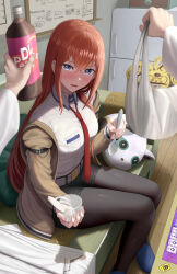  1boy 1girl arm_belt bag blue_eyes blush brown_jacket couch dr_pepper food future_gadget_lab hair_between_eyes highres holding holding_bag holding_spoon jacket lab_coat long_hair looking_at_viewer makise_kurisu nail_polish necktie okabe_rintarou on_couch pantyhose_under_shorts pov pov_hands pudding purple_trim red_hair red_necktie refrigerator science_adventure shorts sidelocks silvertsuki sitting solo_focus spoon steins;gate wooden_floor 