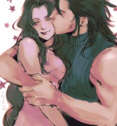  1boy 1girl aerith_gainsborough bare_shoulders breasts closed_eyes commentary couple crisis_core_final_fantasy_vii cross_scar dress earrings final_fantasy final_fantasy_vii hetero highres hug jewelry kiss kissing_cheek medium_breasts parted_bangs pink_dress scar scar_on_cheek scar_on_face sidelocks sleeveless sleeveless_dress sleeveless_turtleneck smile star_(symbol) stud_earrings sweater symbol-only_commentary turtleneck turtleneck_sweater upper_body ymr18 zack_fair 