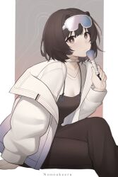  1girl absurdres arknights bright_pupils brown_eyes brown_hair brown_overalls choker closed_mouth collarbone crossed_legs feet_out_of_frame goggles goggles_on_head highres holding invisible_chair jacket long_sleeves looking_at_viewer n3rooh off_shoulder overalls roberta_(arknights) shirt short_hair sitting ski_goggles solo white_choker white_jacket white_pupils white_shirt 