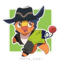  1boy animal_ears animalization black_hair green_jacket hat jacket paxton_(pokemon) pig_ears pig_tail pokemon pokemon_legends:_z-a pota_cas tail tepig 