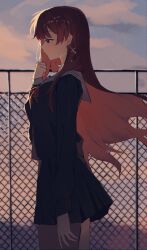  1girl akane_lize arm_at_side black_shirt black_skirt chain-link_fence chromatic_aberration closed_mouth clouds cowboy_shot cross cross_earrings dress earrings evening fence film_grain floating_hair from_side grey_sailor_collar hand_up hashtag-only_commentary highres jewelry long_hair long_sleeves meosic2 miniskirt neck_ribbon outdoors pleated_skirt red_dress red_ribbon ribbon sad sailor_collar school_uniform shirt skirt sky solo standing stellive very_long_hair virtual_youtuber wind 