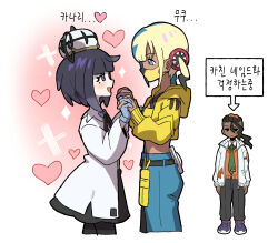  1boy 2girls :d bandeau black_dress black_hair black_pants blonde_hair blue_hair blue_pants blush bob_cut canari_(pokemon) coat commentary_request cropped_jacket dark-skinned_female dark-skinned_male dark_skin dress gloves green_necktie gwynn_(pokemon) hat heart highres holding_hands interlocked_fingers jacket korean_commentary looking_at_another midriff multicolored_hair multiple_girls naveen_(pokemon) necktie open_clothes open_jacket open_mouth pants partially_fingerless_gloves pokemon pokemon_legends:_z-a purple_hair sach56000 short_hair smile sweatdrop translation_request two-tone_pants violet_eyes white_coat white_hat white_jacket yellow_jacket yuri zipper_pull_tab 