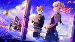  1boy 4girls apple aqua_eyes arm_up black_choker black_dress black_hair black_pants black_skirt blonde_hair blouse blurry blurry_foreground breasts broken_window brown_hair choker collared_shirt commentary_request dress dual_persona dutch_angle earrings food fruit grey_jacket grey_shirt hair_ornament hairclip hands_up highres hinomori_shiho holding holding_food holding_fruit holding_paper hoshino_ichika_(project_sekai) jacket jewelry kagamine_len leo/need_(project_sekai) leo/need_len long_hair long_sleeves looking_at_another looking_at_viewer mochizuki_honami multiple_girls natsuki_kaori_(artist) no_seek_no_find_(project_sekai) official_alternate_costume orange_shirt outdoors pants paper parallel_hairclips parted_lips pencil_skirt pink_eyes project_sekai red_jacket reflection see-through_clothes shirt short_hair sidelocks sideways_glance skirt sleeveless sleeveless_dress small_breasts star_(symbol) star_hair_ornament striped_clothes striped_sweater stuffed_animal stuffed_rabbit stuffed_toy sweater tenma_saki thigh_strap twintails wading 