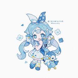  1girl :d bandaid bandaid_on_face bandaid_on_forehead blue_eyes blue_hair blue_necktie blue_ribbon blue_shoes chibi chibi_only commission cross-shaped_pupils dress full_body hair_ribbon highres kanae_(cookie) long_hair looking_at_viewer low_twintails necktie open_mouth original parted_bangs piplup pokemon pokemon_(creature) polka_dot polka_dot_ribbon ribbon shoes short_sleeves simple_background smile socks standing symbol-shaped_pupils thick_eyebrows twintails twitter_username two-tone_ribbon white_background white_dress white_ribbon white_socks 