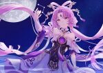  1girl absurdres bare_shoulders bow-shaped_hair crescent forehead_jewel fu_xuan_(honkai:_star_rail) full_moon hair_ornament highres honkai:_star_rail honkai_(series) low_twintails moon night night_sky pink_eyes pink_hair sky smile solo star_(sky) tassel twintails w10yu1i118yw 