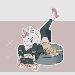  1girl :d black_thighhighs blush_stickers bow brown_hair danganronpa_(series) danganronpa_2:_goodbye_despair ear_bow flipped_hair food french_fries hair_ornament highres holding jacket leg_up long_sleeves medium_hair nanami_chiaki nintendo_switch_2 pink_background pink_eyes pleated_skirt shirt shoes skirt smile thigh-highs usami_(danganronpa) white_background wu_yue_shiliu 