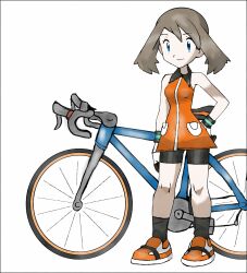  1girl absurdres amayzing2002 bicycle bike_shorts bike_shorts_under_shorts black_collar black_socks blue_eyes brown_hair collar gloves highres may_(pokemon) orange_shirt orange_shoes pokemon pokemon_emerald pokemon_rse shirt shoes short_hair shorts shorts_under_shorts socks solo white_background 