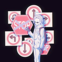  1boy absurdres aotsuki_eito backpack bag black_background black_bag breast_pocket chinese_commentary closed_eyes commentary_request facing_viewer gloves graffiti grey_hair grin highres holding holding_marker jacket male_focus marker mizongwenwu one_way_sign pocket road_sign short_hair sign smile solo stop_sign sunglasses the_hundred_line_-last_defense_academy- turn_left_sign turn_right_sign variant_set violet_eyes white_jacket 
