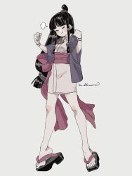  1girl ace_attorney black_hair blunt_bangs hair_ornament highres japanese_clothes jewelry kimono long_hair magatama magatama_necklace maya_fey necklace omen_hohoho pink_sash sash short_kimono sidelocks simple_background solo sphere_hair_ornament tiptoes topknot 