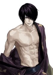  1boy abs bandage_over_one_eye collarbone gintama grey_eyes highres japanese_clothes male_focus navel no_nipples off_shoulder pectorals purple_hair short_hair simple_background solo sso_s takasugi_shinsuke teeth upper_body white_background 