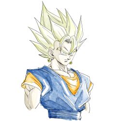  1boy 1rasutotoukou absurdres blonde_hair blue_shirt dragon_ball dragon_ball_z earrings green_eyes highres jewelry male_focus medium_hair muscular muscular_male orange_shirt potara_earrings shirt simple_background solo spiky_hair super_saiyan super_saiyan_1 upper_body vegetto white_background 
