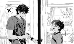  2boys :d angry belt belt_buckle blush brothers buckle chair chest_of_drawers curtains desk_lamp diary_of_a_wimpy_kid door doorknob drumsticks forehead from_side frown furrowed_brow glaring greg_heffley greyscale hamusitas hatching_(texture) have_to_pee height_difference highres holding holding_marker indoors lamp linear_hatching looking_back male_focus marker messy_hair monochrome multiple_boys open_mouth parted_bangs picture_frame print_shirt profile railing raised_inner_eyebrows rodrick_heffley scene_reference shelf shirt short_hair short_sleeves siblings sideburns smile speech_bubble split_screen spoken_object spoken_symbol spoken_x sweat swivel_chair t-shirt toilet toilet_paper upper_body v-shaped_eyebrows window wristband 