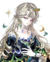  1girl absurdres bare_shoulders beryl_bouanich black_cloak blonde_hair blue_eyes cloak collarbone crescent crescent_earrings dragonfly_hair_ornament dress earrings floating_earrings hand_on_own_chest highres jewelry long_hair looking_at_viewer off-shoulder_dress off_shoulder parted_bangs parted_lips reverse:1999 solo sparkle upper_body weiyan_(nbnbmwnl) white_background 