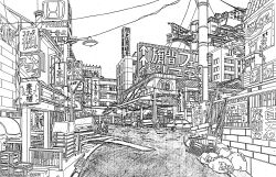  absurdly_detailed_composition absurdres bicycle building car cityscape commentary_request complex_exterior greyscale highres lamppost lineart monochrome motor_vehicle original outdoors pen_(medium) people road scenery sign street traditional_media translation_request yamaguti 