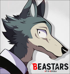  1boy adam's_apple artist_name beastars black_eyes closed_mouth commentary copyright_name drop_shadow english_commentary from_side furry furry_male highres legoshi male_focus shirt solo upper_body white_shirt wolf_boy woofzilla 