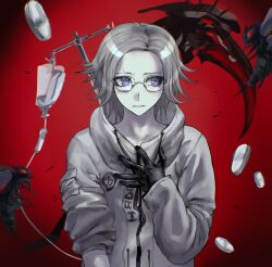  1boy aotsuki_eito commentary glasses gloves grey_hair hand_on_own_chest hashtag-only_commentary highres intravenous_drip iv_stand jacket looking_to_the_side male_focus nonamesiamese parted_lips pill red_background red_eyes scythe short_hair sleeve_pouch sleeve_rolled_up solo sweatdrop the_hundred_line_-last_defense_academy- upper_body violet_eyes wasp weapon white_jacket 