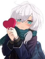  1girl ars_almal ars_almal_(4th_costume) bag blazer blue_eyes blue_jacket blush bow candy chocolate food green_scarf hair_between_eyes hair_bow hair_over_one_eye heart heart-shaped_chocolate heart-shaped_food highres holding holding_chocolate holding_food jacket long_hair long_sleeves looking_at_viewer low_twintails nijisanji parted_lips ribbon scarf school_bag smile solo tatami_kami twintails twitter_username upper_body valentine virtual_youtuber white_background white_hair winter_clothes 