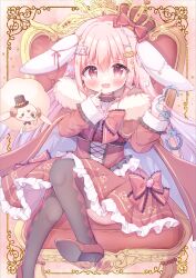  1girl :3 :d animal_ears argyle_clothes argyle_pantyhose blush bow bowtie brown_pantyhose commentary_request crown cuffs dress dress_bow floppy_ears foot_out_of_frame frilled_dress frills hair_bow hanasakichu handcuffs high_heels highres long_hair long_sleeves looking_at_viewer open_mouth original pantyhose pink_hair rabbit_ears rabbit_girl red_bow red_bowtie red_dress red_eyes red_shoes sample_watermark shoes sitting smile solo throne watermark 