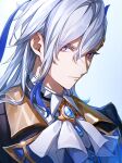  1boy absurdres aoppoi_oto ascot blue_hair closed_mouth coat genshin_impact grey_hair hair_between_eyes highres long_hair looking_at_viewer male_focus multicolored_hair neuvillette_(genshin_impact) simple_background solo sparkle twitter_username upper_body violet_eyes white_ascot 