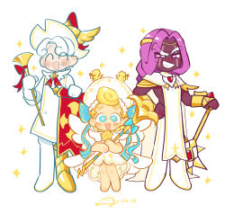  1other 2019 2boys :d ^_^ absurdres amy7996659 angel_cookie angel_cookie_(voice_of_virtue) armored_boots artist_name asymmetrical_footwear bare_arms bare_legs barefoot blonde_hair blue_bow blue_eyes boots bow bright_pupils brooch capelet chinese_commentary circlet closed_eyes commentary_request cookie_run cookie_run:_kingdom cookie_run:_ovenbreak curly_hair dated dreadlocks dress elbow_gloves eyes_visible_through_hair fewer_digits full_body gloves gold_circlet grin hair_behind_ear hand_on_own_hip highres holding holding_instrument holding_weapon humanization instrument jewelry knee_boots long_hair long_sleeves looking_at_viewer milk_cookie milk_cookie_(herald_of_victory) mismatched_footwear multiple_boys neck_ribbon official_alternate_costume open_mouth pants pink_eyes pink_hair purple_yam_cookie purple_yam_cookie_(champion_of_valor) red_ribbon ribbon short_dress short_hair sidelocks simple_background sleeveless sleeveless_dress smile sparkle standing star_brooch v-shaped_eyebrows very_short_hair weapon white_background white_boots white_capelet white_dress white_gloves white_hair white_pants white_pupils yellow_boots 