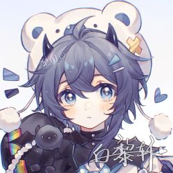  1girl ahoge bai_li_xuan bear_hat black_horns black_shirt blue_eyes blue_hair blush closed_mouth double-parted_bangs grey_background hair_between_eyes hat horns looking_at_viewer original portrait shirt short_hair simple_background solo white_hat 