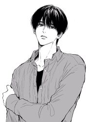  buttons character_request collarbone collared_shirt copyright_request highres long_sleeves looking_at_viewer shirt short_hair simple_background sso_s teeth unbuttoned upper_body white_background 