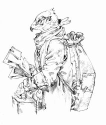  1boy bag bird_boy briefcase brown_scarf claws coat commentary_request feathers furry furry_male greyscale holding holding_briefcase looking_to_the_side low_ponytail male_focus monochrome nagabe original paper_bag ponytail scarf short_ponytail simple_background solo upper_body white_background 