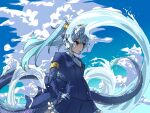  1girl blazer blue_eyes blue_hair blue_sky closed_mouth dragon_girl dragon_tail gloves hair_ornament highres jacket kemono_friends long_hair necktie outdoors sasa_fune seiryuu_(kemono_friends) shirt simple_background skirt sky solo tail twintails water 