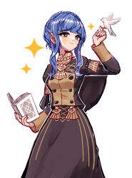  1girl animal bird blue_hair book braid breasts brown_eyes buttons closed_mouth commentary crown_braid dove english_commentary fire_emblem fire_emblem:_three_houses garreg_mach_monastery_uniform holding holding_book kamaniki long_sleeves marianne_von_edmund medium_breasts open_book short_hair sidelocks simple_background solo twitter_username white_background 