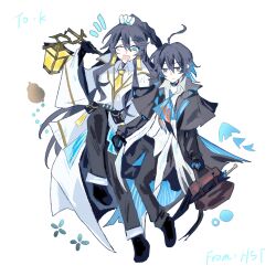  2boys ahoge akiyamatian alternate_costume arknights ascot bag black_choker black_gloves black_hair black_pants blue_ascot blue_eyes blush choker closed_mouth collared_shirt cosplay full_body gloves hair_between_eyes highres holding holding_bag hong_lu_(project_moon) lantern limbus_company ling_(arknights) ling_(arknights)_(cosplay) long_hair lumen_(arknights) lumen_(arknights)_(cosplay) multiple_boys necktie one_eye_closed open_mouth pants ponytail project_moon shirt short_hair simple_background white_background white_shirt yellow_necktie yi_sang_(project_moon) 