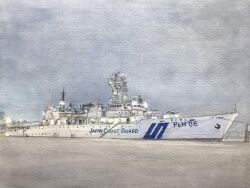  anchor atelier_bono clouds cloudy_sky commentary_request highres japan_coast_guard jcg_chikuzen_(plh-06) lifeboat mast no_humans original outdoors painting_(medium) port radar revision ship sky smokestack traditional_media vehicle_focus watercolor_(medium) watercraft 