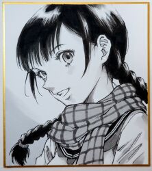  1girl braid braided_twintails commentary_request from_side greyscale long_hair looking_at_viewer looking_to_the_side makomako1061 monochrome neckerchief open_mouth original photo_(medium) plaid_clothes plaid_scarf portrait sailor_collar scarf school_uniform shikishi smile solo traditional_media wispy_bangs 
