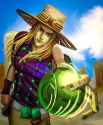  1boy blonde_hair cowboy_hat desert green_ball green_eyes green_lips green_nails gyro_zeppeli hat highres jojo_no_kimyou_na_bouken steel_ball_(jojo) steel_ball_run xhianxeh 